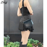 Women Summer Fashion Wild Party Club Dress Solid Color Sleeveless Sling Tie-Up Double Layered Mini