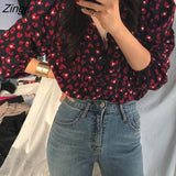 Women Vintage Printed V-neck Sexy Korean Style Top Sweet Lantern Sleeve Retro Chic All-match Spring Autumn Single