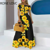Women Elegant Slash Collar Folds Sunflower Pattern Cold Shoulder A-line