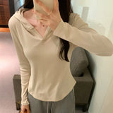 Basic Style Threaded Hooded Top Women's Autumn And Winter New Slim Short-Sleeved