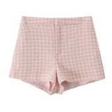 Pink Plaid Tweed Jacket And Shorts Set- Outfit