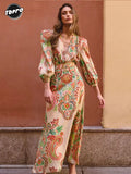 Print Lantern Sleeves Pleated Long Dresses Women Chic V-neck High Waist A-line Dresses 2024 Summer Lady Vocation