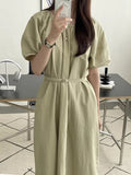 Zingj Chic Summer Retro Small Fresh Round Collar Tie Waist Show Thin Pleated Bubble Sleeve Dress Long Skirt