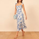 For Women Elegant Vintage Floral Dress Frill Sweetheart Neck Sleeveless Strap Tie Ruffle Hem Summer Beach