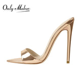 Onlymaker Women's Peep Toe Mules Gold Slip On Thin High Sandals Big Size Classic Fashion Lady