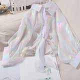Woman Blouses Sparkles Shinning Chiffon Shirts Button Up Women's Blouse shirts Tied Up Waist Transperant