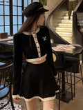 New Hight Waist Skirt 2 Piece Suit Korean Chic Patchwork Knitted Outfits Y2k Short Jumper Pleats Mini Skirt Set