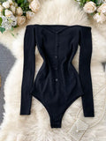 Slash Neck Long Sleeve Bodysuit Autumn 2023 Single Breasted Playsuit Red/Gray/Black Sexy Knitted Rompers New Fashion