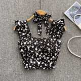 Zingj Summer Floral Strap Tops Women Square Neck Bow Ruffles Short Camisole Fashion Korean Flower Ladies Elastic Waist Top 211-0-Outfit