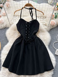 Sexy Draw String Spaghetti Strap Dress Elegant Halter Bandage Mini Beace Vestidos Female Slim Robe New Fashion