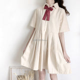 Women Bow-knot Pleated Lapel School Style Harajuku Large Size 2XL Cute Girls Newest Midi Dresses Daily Soft Popular