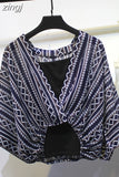 Two Piece Set Striped Chiffon Grid Summer Half Sleeve Loose V-Neck Floral Spring Cool Blouses Sweet Ladies Short Tops