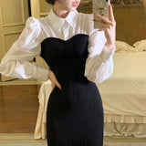 Elegant Patchwork Shirt Dress For Women Chic Fashion Outfits Midi Bodycon Clothing