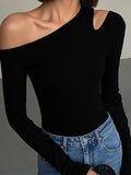 Skew Collar Off-shoulder Long-sleeved T-shirts Women Spring 2023 New Solid Slim Fit Crop Top Sexy Hollow Out Tees
