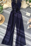 Women Hollow Out Lace Romper Female Black/Yellow/Red Round Neck Sleeveless High Waist Patchwork Wide Leg Jumpsuits