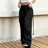 Summer New Spice Girls Fashion Retro Street Loose Low-Waisted Solid Color Woven