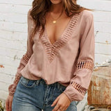 Women Long Sleeve Blouse Shirt Casual Ladies V neck Lace Hollow Out Office Shirts Tops Pullover Tops