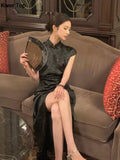 Vintage Slim Jacquard Cheongsam Summer White Midi Dresses Women Short Sleeve Runway Split Vestidos Female Black