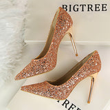 Zingj Women's Shoes High Heel Shallow Pointed Shining Sequins Sexy Thin Nightclub High