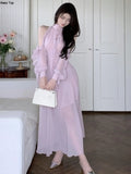Elegant Off Shoulder Chiffon Dresses Women Chic Sexy Birthday Party Vestidos Female Long Sleeve Slim Robe Spring