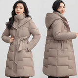 Over The Knee Cotton Clothes In The Long Winter New Fashion Waist Belt Show Thin Warm Coat Temperament Solid Color Cold Clothing-Outfit