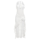 2025 Fashion Trend Women's New Hanging Neck Bare Back Body Solid Color Lotus Leaf Side