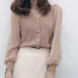 Winter Spring New Long Sleeve Button Knitted Blouses Female Fashion V-neck Solid Color Shirts Loose Casual Tops