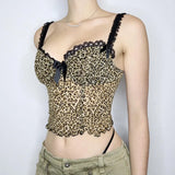 Zingj Hot Girl Leopard Print Mesh Gauze Bow Sling V Collar Lace Stitching Slim Wooden Ear