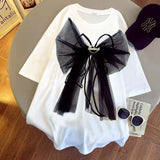 round neck bow short sleeve T-shirt Kawaii girls top T-shirt 2022 spring Korean new black bow decorative T-shirt