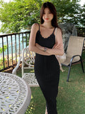 Zingj Pink Lace Sexy Sling Dress Women's Summer Waist V-Collar Knitted Skirt Hollowed-Out Hip