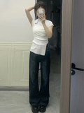 All Match Split T-shirts Grunge Pleated Knitted Slim Fit Top Women Short Sleeve Y2k Aesthetic Fashion Solid Harajuku