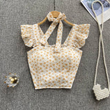 Zingj Summer Floral Strap Tops Women Square Neck Bow Ruffles Short Camisole Fashion Korean Flower Ladies Elastic Waist Top 211-1-Outfit