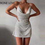 Women Solid Spaghetti Chain Strap Swing Collar Sequins Silt Side Bodycon Sexy Mini
