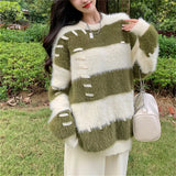 Zingj Mink Wool Coat Female Autumn Dong New Style Gentleness Department Loose Lazy Wind Stripe Knit Vintage Jacket
