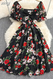 Women Sexy Floral Chiffon Dress Female Elegant V-Neck Short Sleeve High Waist A-Line Beach Vestido Casual Party Robe