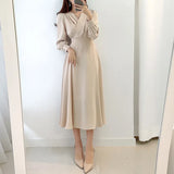 Dresses for Women Vintage Robe V-neck Puff Sleeve Folds Vestidos Mujer High Waist Temperament