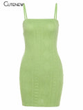 Summer Fashion Elegant Strap Mini Dress Women 2021 Solid Green Knit Casual Streetwear Stretch Slim Office Female