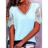 Women's T-Shirt Burst Lace Splicing Loose V-Neck Short-Sleeved