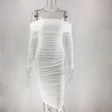 Mesh Sheer Off Shoulder Midi Party Dress Women Spring Elegant Long Sleeve Ruched Bodycon Dresses White Backless