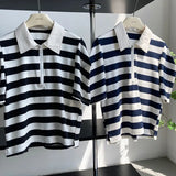 Neck Striped Puff Sleeve Half Zipper T Shirt Black White Color Block Summer Korean Style Short Sleeve Women