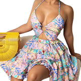 Women's Dress 2025 Hollow Strap V Tie Temperament Hanging Neck Print Sling
