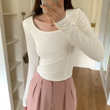 Shoulder-Bottomed Blouse In Autumn, The New Small Square Collar Long-Sleeved T-Shirt Is Slim And
