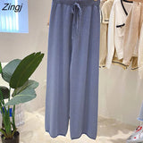 Thick Knitted Wide Leg Pants Women Solid Elastic High Waist Drawstring Trousers Female Autumn Korean Casual Loose