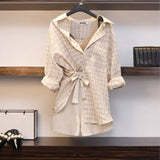 Summer Women Three piece sets Casual Linen Plaid Tops + Shorts Elastic Waist Wide Leg Pants Suit Set 3 Piece