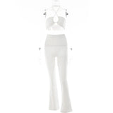 Casual Backless Two Pieces Sets Women Sexy Halter Hollow Out Top Long Flare Pant Suit Party Outfits Strapless