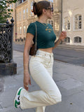 Embroidery Letter Printing Stitch Green 90s Crop Tops O-neck Short Sleeve T-shirts clothes shirt vintage bf clothing