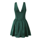 Green Stain Pleated V-neck Mini Dress- Outfit