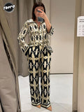 Women Fashion Geometric Printed Pants Suit Casual Lapel Single Breasted Shirt Loose Trousers Set New Female Chic