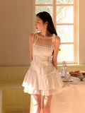 White Mini Skirt Women Lolita Vintage Elegant Double-layer Ruffles Patchwork High Waist A-line Cute Black Skirt