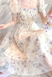 Elegant Floral Chiffon Party Dress Women Fashion Puff Sleeve A Line Midi Dress Sweet Square Collar Korean Female
